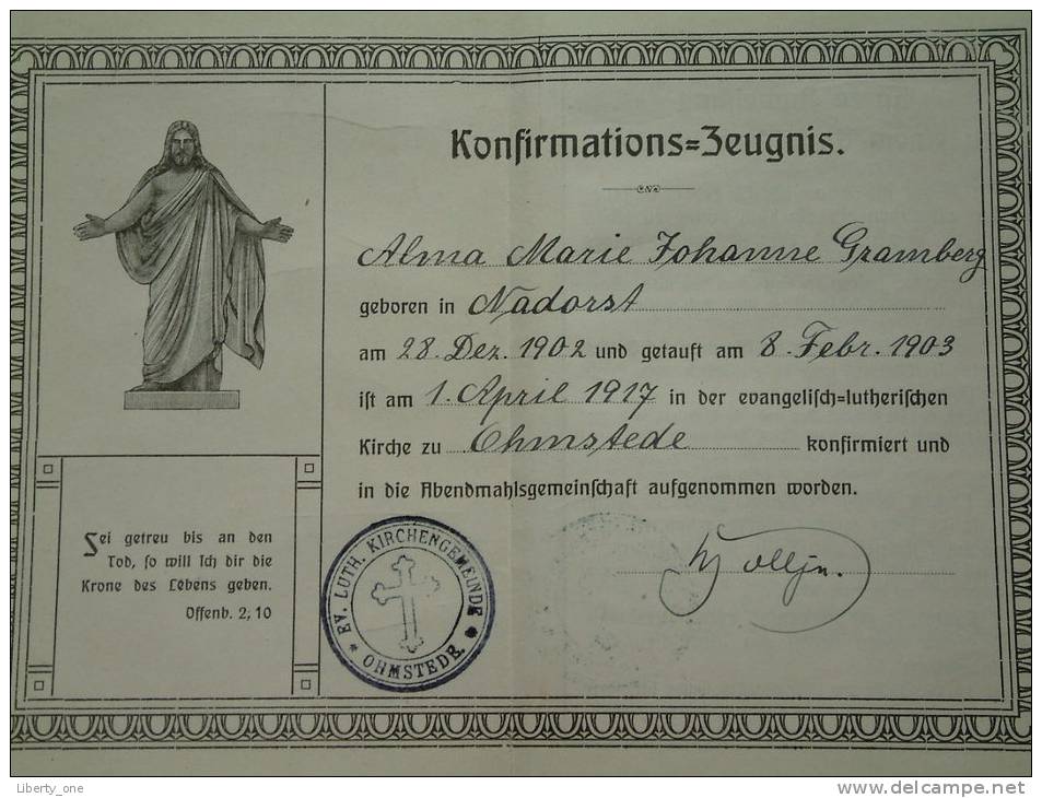 KIRCHLICHER AUSWEIS Anno 1917 ( Alma Marie Johanne GRAMBERG + Document - Details Zie Foto´s ) ! - Religion & Esotericism