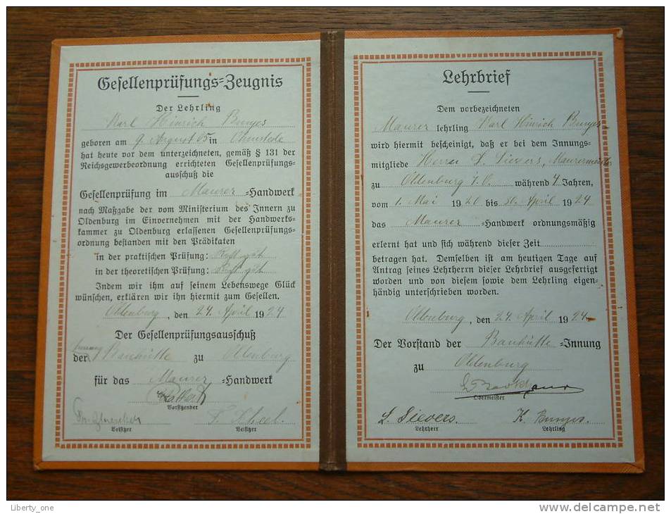 GESELLENPRÜFUNGS LEHRBRIEF Anno 1924 ( Karl Hinrich BUNJES Oldenburg- Details Zie Foto´s ) ! - Autres & Non Classés