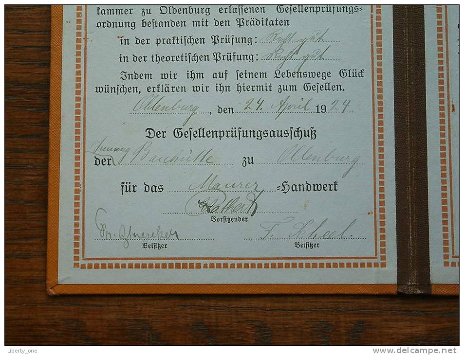 GESELLENPRÜFUNGS LEHRBRIEF Anno 1924 ( Karl Hinrich BUNJES Oldenburg- Details zie Foto´s ) !