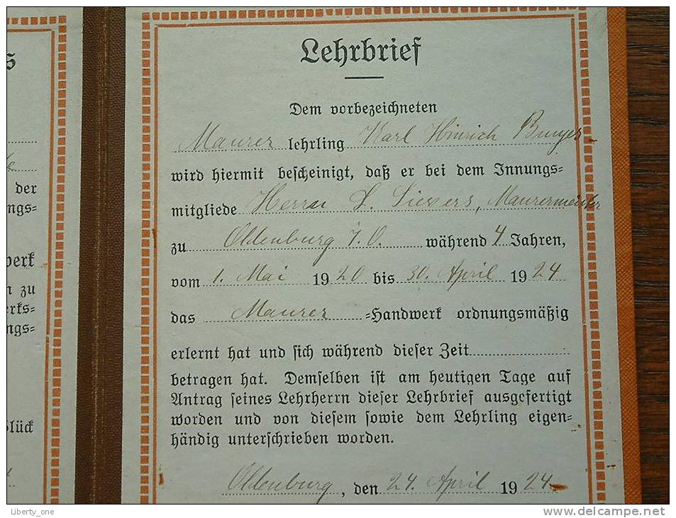 GESELLENPRÜFUNGS LEHRBRIEF Anno 1924 ( Karl Hinrich BUNJES Oldenburg- Details zie Foto´s ) !