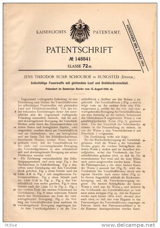 Original Patentschrift - J. Schouboe In Rungsted , Dänemark , 1902 , Feuerwaffe Mit Gleitendem Lauf , Pistole , Pistol ! - Ausrüstung