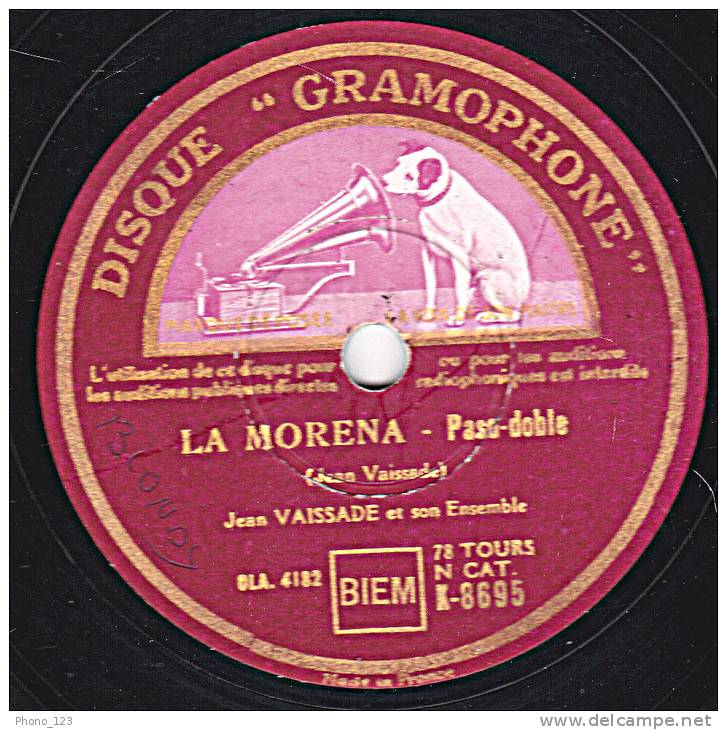 78 Tours - DISQUE "GRAMOPHONE"  K 8695 - JEAN VAISSADE - LA MORENA Paso-doble - SCOTTISH 45  Scottish - 78 Rpm - Schellackplatten