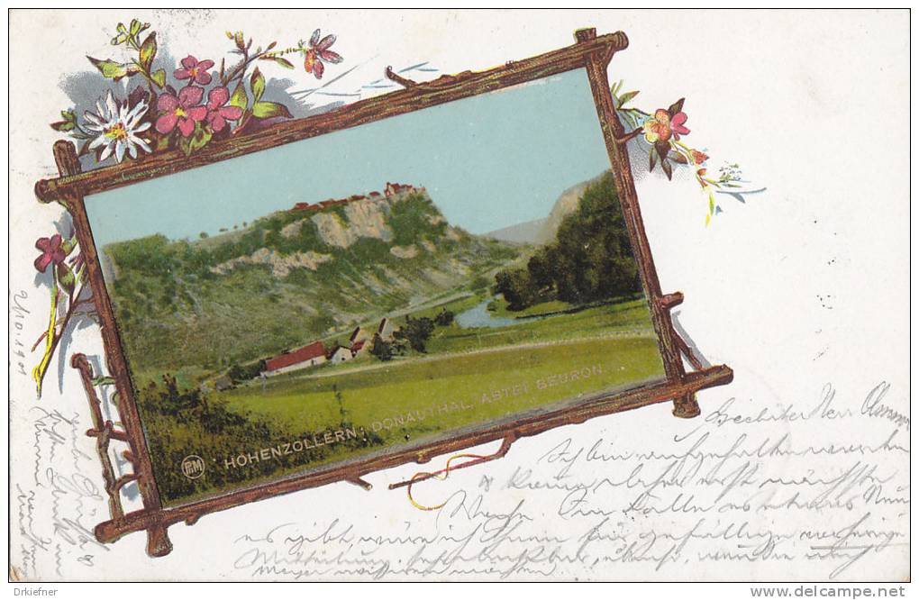 Schloss Werenwag, Donautal Bei Beuron (aufgeklebtes Bild), LITHOGRAPHIE: Astrahmen, Wiesenblumen, 1901 - Schlösser