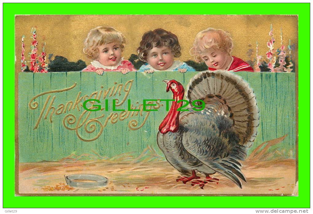 THANKSGIVING GREETINGS - 3 CHILDREN LOOK AT A TURKEY - TRAVEL IN 1909 - SERIES No 1 - EMBOSSED - - Thanksgiving