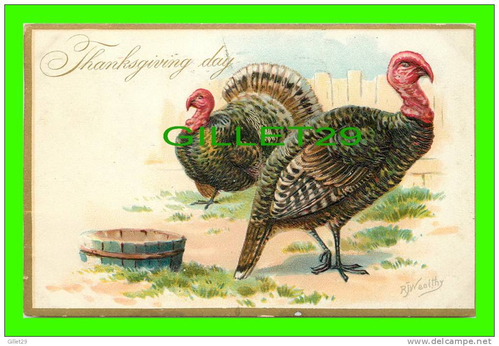 THANKSGIVING DAY - TURKEYS - TRAVEL IN 1908 - RAPHAEL TUCK &amp; SONS - SERIES No 123 - EMBOSSED - - Thanksgiving