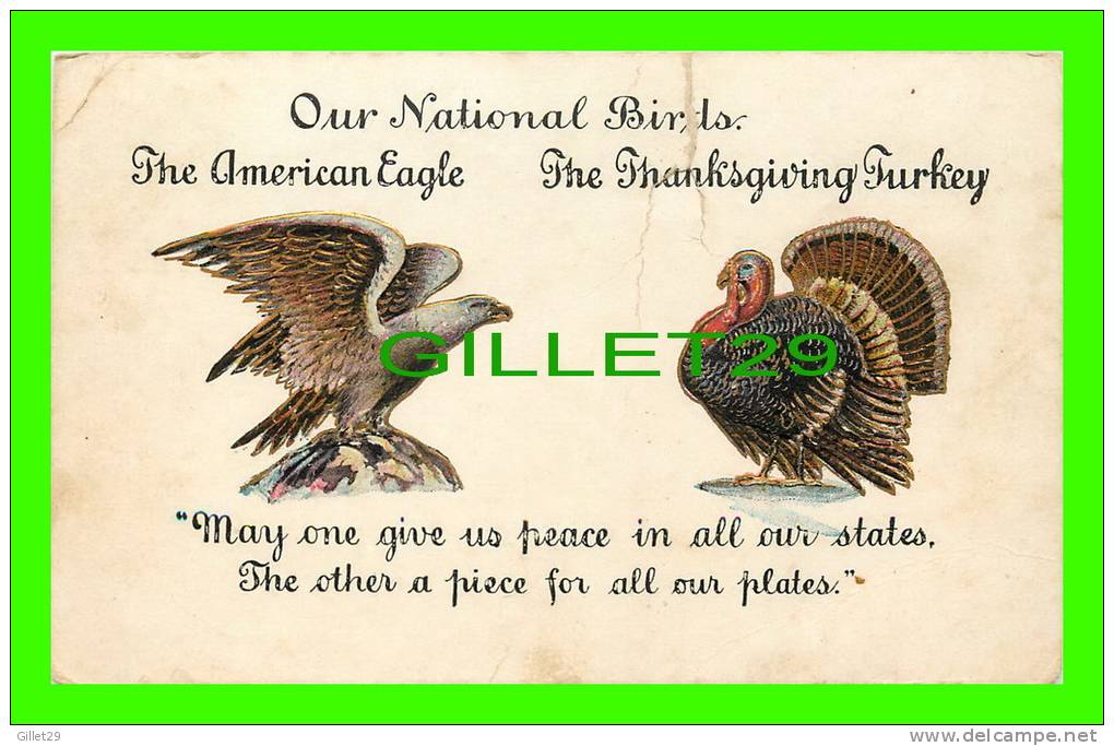 THANKSGIVING - OUR NATIONAL BIRDS - THE AMERICAN EAGLE &amp; THE TURKEY - WRITTEN - UNDIVIDED BACK - EMBOSSED - - Thanksgiving