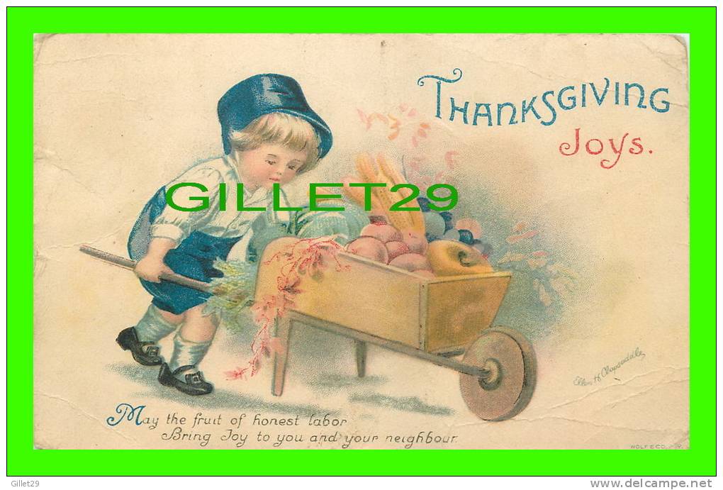 THANKSGIVING JOYS - LITTLE BOY WITH WHEELBARROW FULL - TRAVEL IN 1919 - ELLEN H. CLAPSADDLE - WOLF &amp; CO - - Thanksgiving