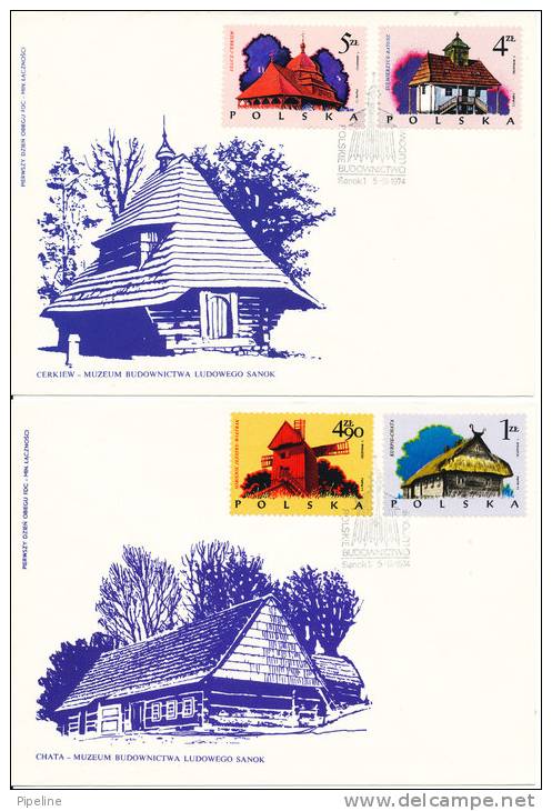 Poland FDC 5-3-1974 Complete Set Of 6 Buildings On 3 Covers With Nice Cachet - FDC