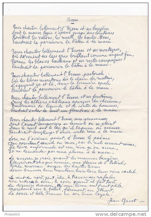 AUTOGRAPHE  JEAN GAVOT   POEME INTITULE "ECOSSE" - Autres & Non Classés