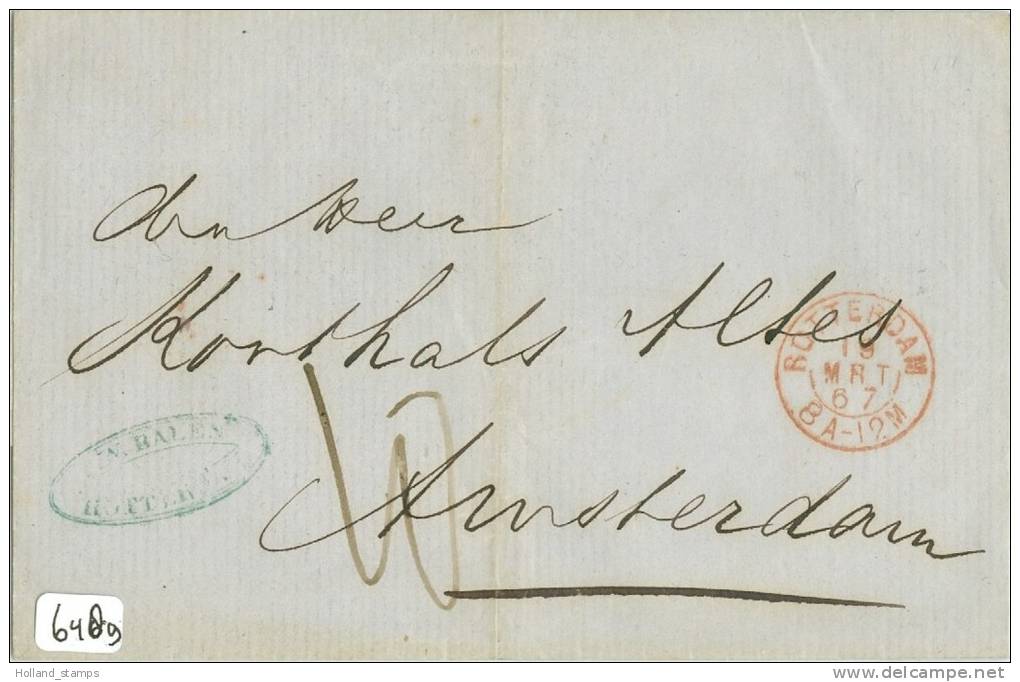 BRIEFOMSLAG * Uit 1867 Uit ROTTERDAM Naar AMSTERDAM * PORTO 10 CENT (6489) - Cartas & Documentos