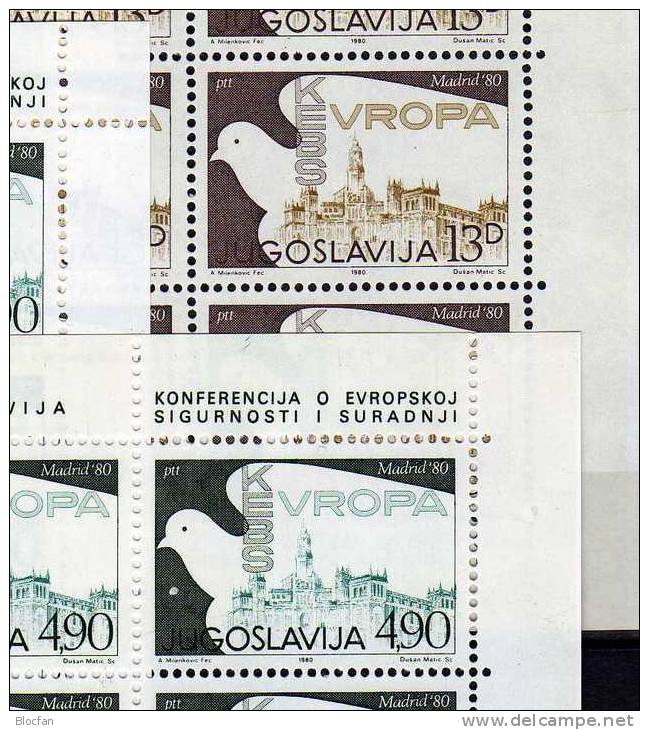 Taube Madrid KSZE 1980 Jugoslawien 1857/8 KB I+II ** 26€ Motiv Kooperation EUROPA Bloc CEPT Bird Sheetlet Bf JUGOSLAVIJA - Neufs