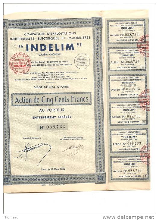 ACTION INDELIM SIEGE SOCIAL A PARIS ANNEE 1932 - Electricité & Gaz