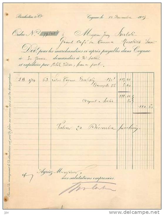 FACTURE LETTRE : COGNAC . BOULESTIN &amp; Cie . 1909 . - Agricultura