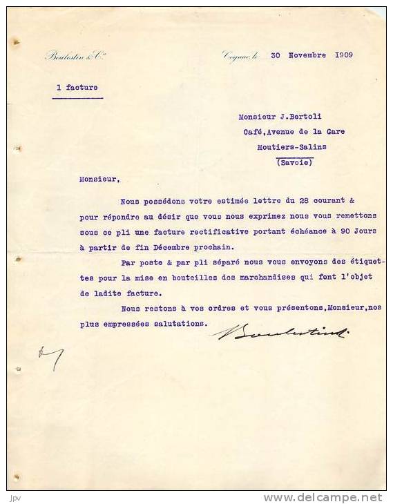 FACTURE LETTRE : COGNAC . BOULESTIN &amp; Cie . 1909 . - Agricultura