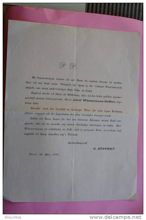 Lettre P.P. Basel Bale 20 Mars 1882 Manuskript Rechnung Manuscrit Dokumente Commerciale Suisse Schweiz - Switzerland