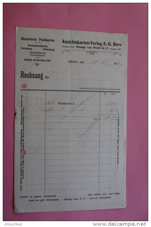 Facture Ansichtskarten Verlag Berne Bern 1912 Rechnung Dokumente Commerciale Suisse Schweiz - Suisse