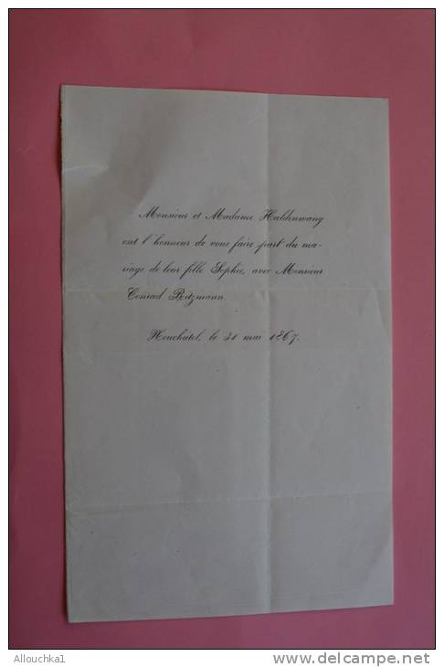 Faire Part De Mariage Neuchâtel 31 Mai 1867 Machen Hochzeitseinladungen Suisse Schweiz - Boda