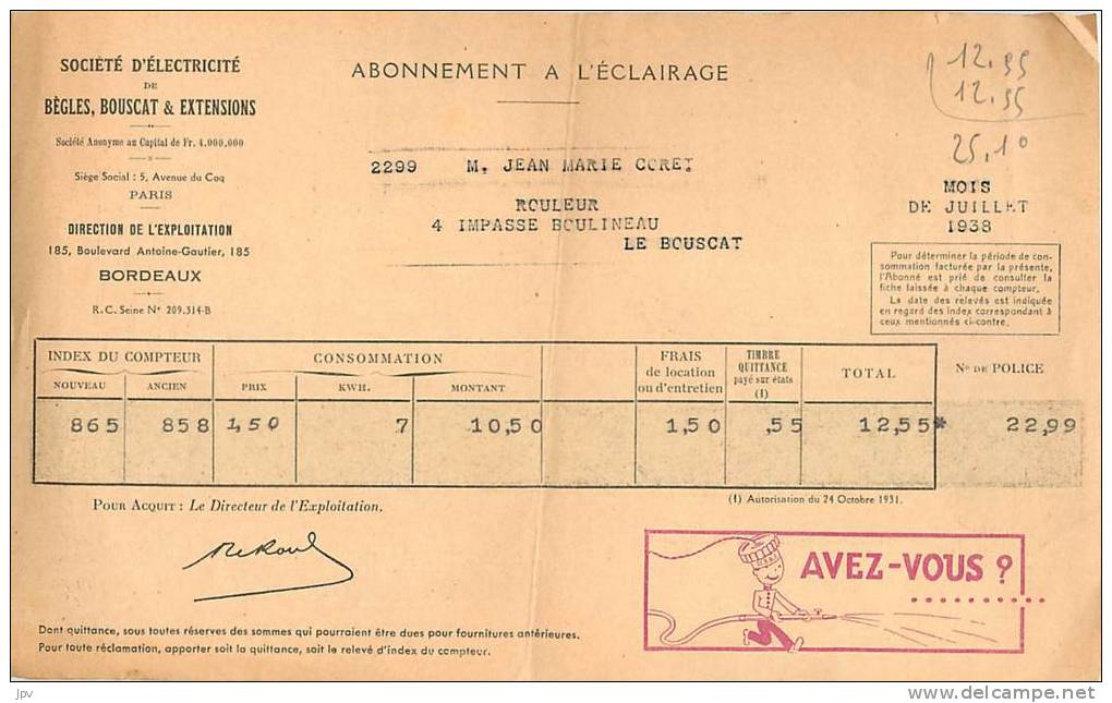 FACTURE LETTRE : BORDEAUX BEGLES BOUSCAT ABONNEMENT A L'ECLAIRAGE . 1938. SUPERBE PUBLICITE POUR L'EAU COURANTE . - Elektriciteit En Gas