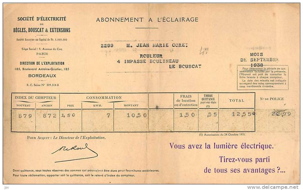 FACTURE LETTRE : BORDEAUX BEGLES BOUSCAT ABONNEMENT A L'ECLAIRAGE . 1938. SUPERBE PUBLICITE POUR LA LUMIERE ELECTRIQUE ! - Elektriciteit En Gas