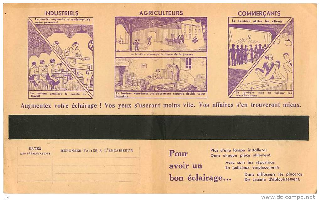 FACTURE LETTRE : BORDEAUX BEGLES BOUSCAT ABONNEMENT A L'ECLAIRAGE . 1938. SUPERBE PUBLICITE POUR LA LUMIERE ELECTRIQUE ! - Elektriciteit En Gas