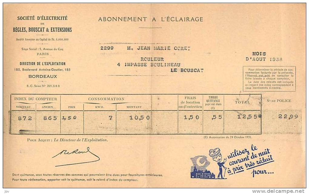 FACTURE LETTRE : BORDEAUX BEGLES BOUSCAT ABONNEMENT A L'ECLAIRAGE . 1938. SUPERBE PUBLICITE POUR LE COURANT DE NUIT . - Elektriciteit En Gas