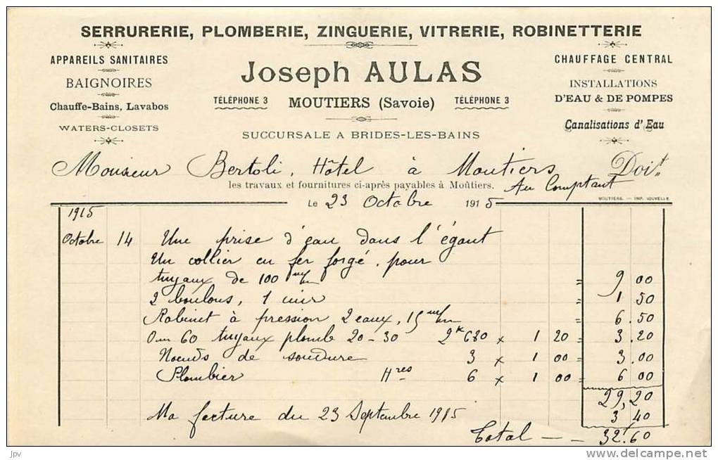 FACTURE LETTRE : MOUTIERS . JOSEPH AULAS . SERRURERIE PLOMBERIE ZINGUERIE VITRERIE . 1915. - Drogerie & Parfümerie