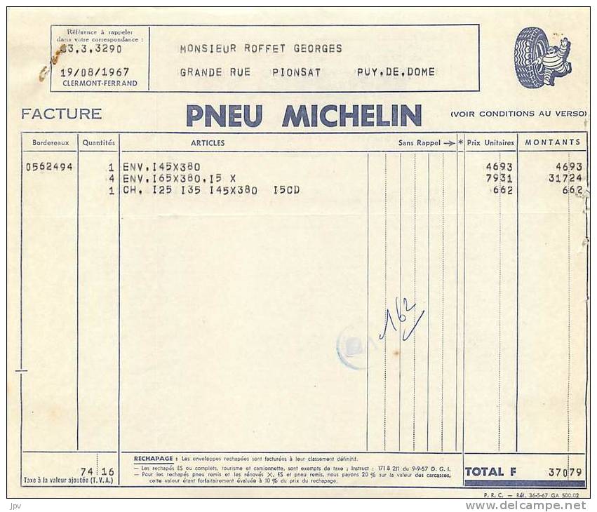 FACTURE LETTRE : CLERMONT FERRAND . PNEU MICHELIN . FACTURE . 1967 . - Transportmiddelen