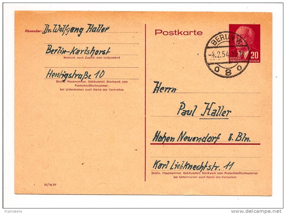 CARTE ENTIER POSTAL TYPE PRÉSIDENT WILHELM PIECH TÀD BERLIN 1954 RARE DM 110 - Postkarten - Gebraucht