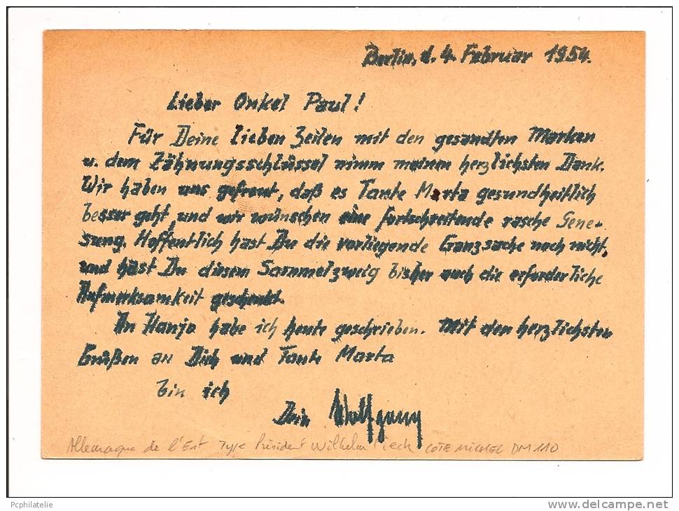 CARTE ENTIER POSTAL TYPE PRÉSIDENT WILHELM PIECH TÀD BERLIN 1954 RARE DM 110 - Postkarten - Gebraucht