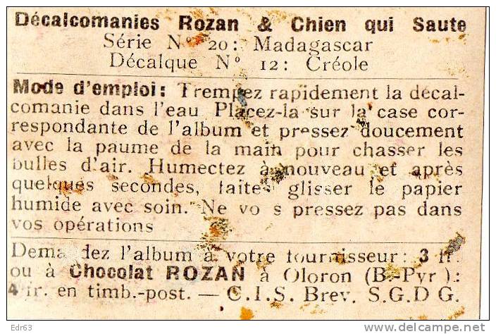 Chromos & Images > Non Classés Chocolat ROZAN & Chien Qui Saute Decalcomanies Creole - Autres & Non Classés