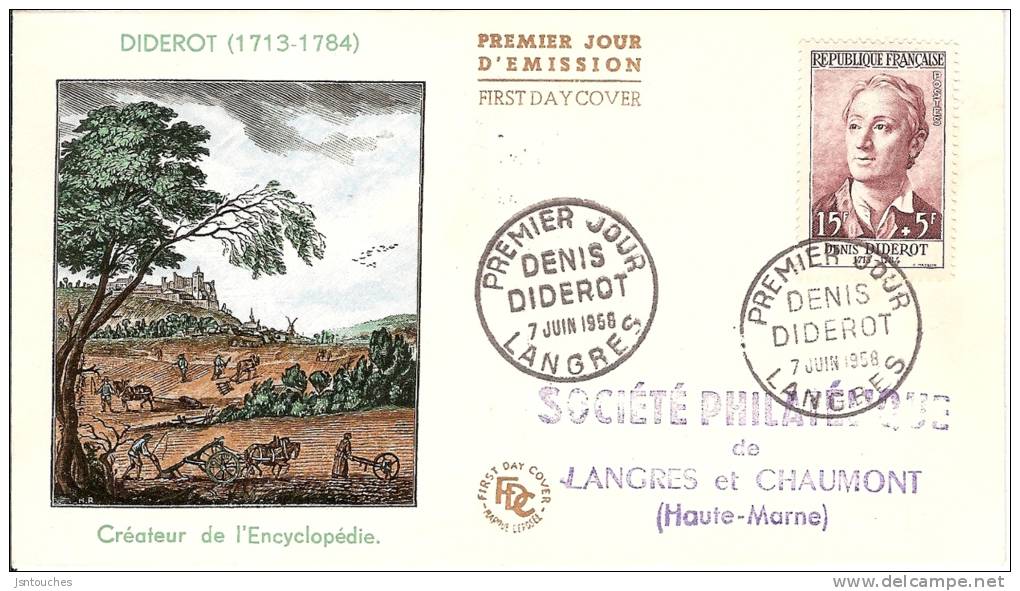 Denis DIDEROT- ENCYCLOPEDIE - PJ LANGRES (49)- 07/06/1958-  Enveloppe Illustrée - Avec Compl. Affr.au Verso - 1950-1959