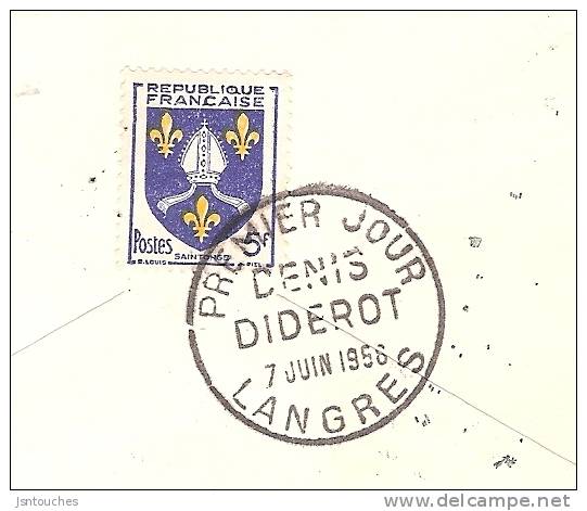 Denis DIDEROT- ENCYCLOPEDIE - PJ LANGRES (49)- 07/06/1958-  Enveloppe Illustrée - Avec Compl. Affr.au Verso - 1950-1959