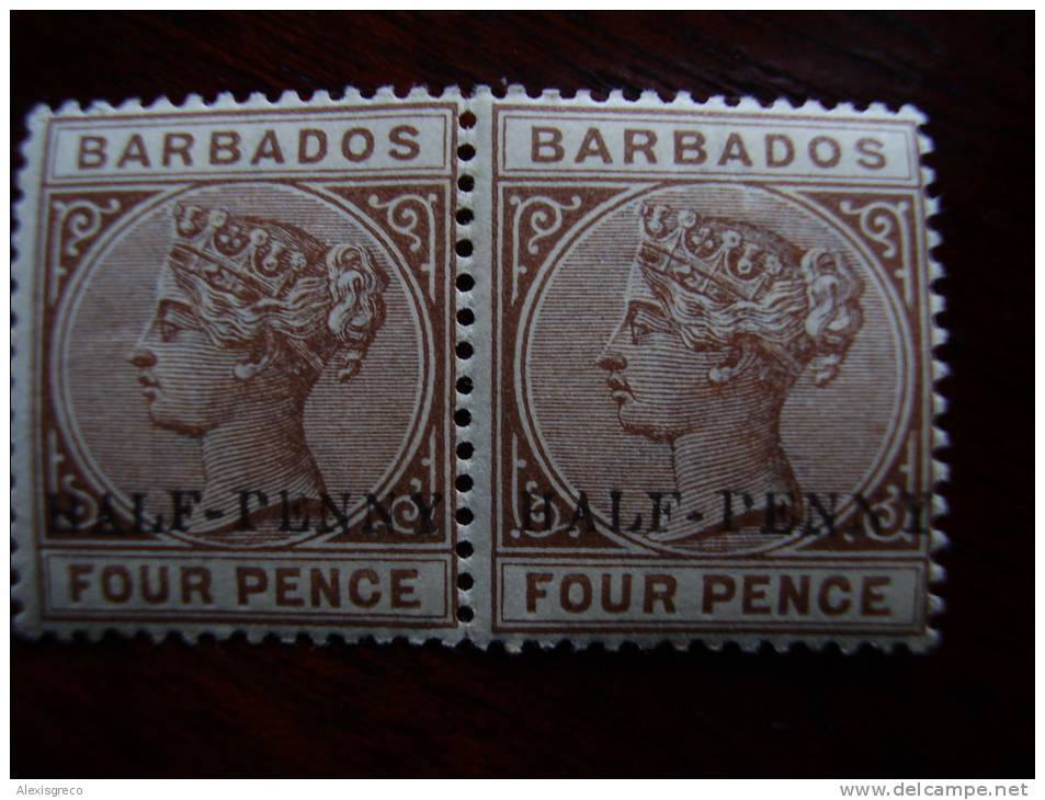 BARBADOS 1892 Queen VICTORIA HALF-PENNY On FOUR PENCE In PAIR MINT. - Barbades (...-1966)