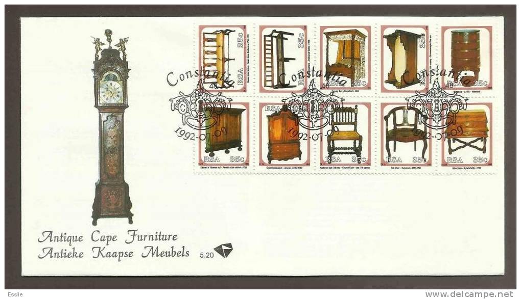 South Africa FDC -1992 - Antique Cape Furniture - Setenant Block Of 10 - Horloges