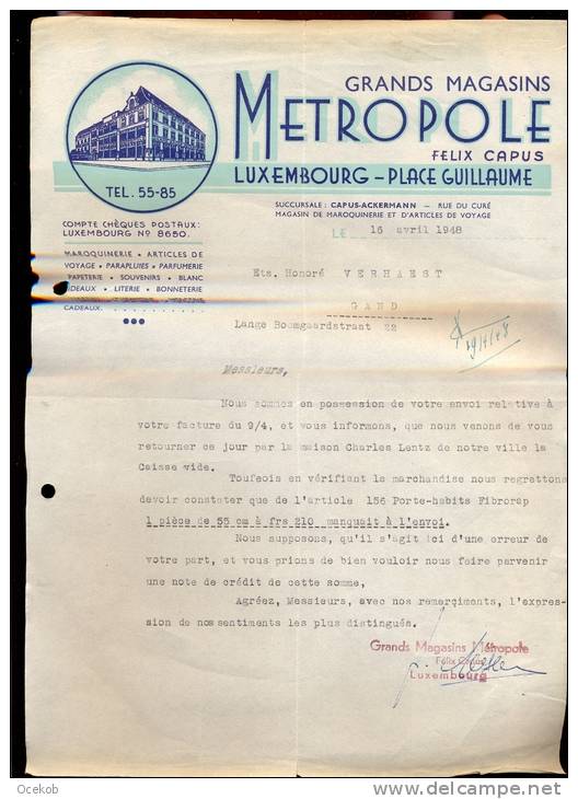 Factuur Brief Grands Magasins Metropole - Felix Capus Luxembourg 1948 - Luxembourg