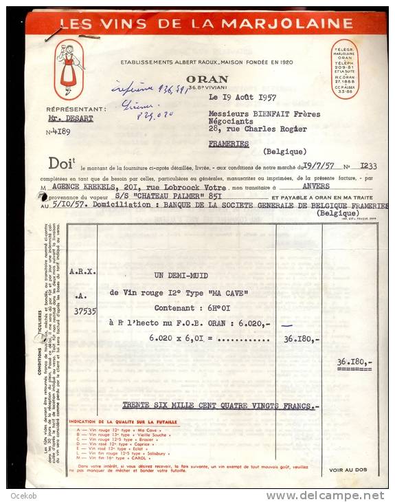 Factuur Brief Les Vins De La Marjolaine - Ets A. Raoux - ORAN Algerie 1957 - Autres & Non Classés