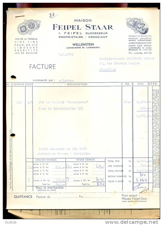 Factuur Facture  Maison Feipel Staar - Wellenstein Luxembourg - Vins De La Moselle - Lussemburgo