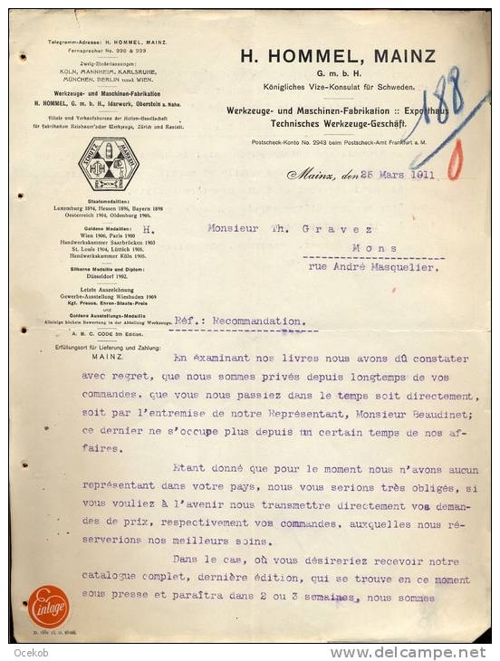 Factuur Facture  Lettre Brief H. Hommel - Mainz 1911 - Werkzeuge - Autres & Non Classés