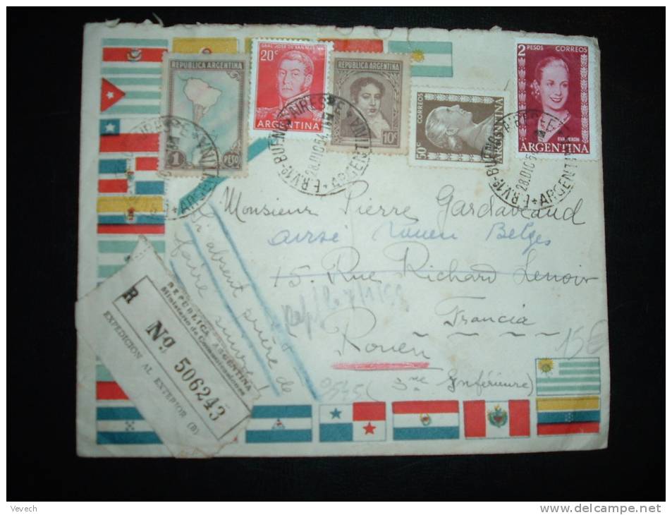 LR POUR FRANCE TP 2P + 1P + 50C + 20C + 10C OBL. 28 DIC 54 E.R.V.1° BUENOS AIRES + DRAPEAUX + JOUR DE L'AN 1955 - Lettres & Documents