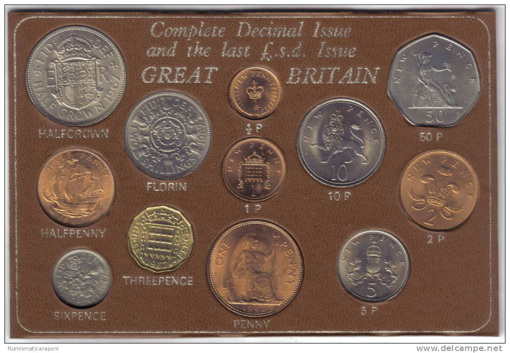 GREAT BRITAIN 1967 DECIMAL ISSUE 12 COINS FDC UNC 1/2+1/2+1+1+2+3+5+6+10+50 PENCE + FLORIN+HALF CROWN - M. Sammlungen