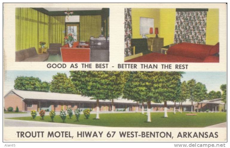 West Benton AR Arkansas, Troutt Motel Lodging, Great Interior Views, C1940s/50s Vintage Linen Postcard - Otros & Sin Clasificación