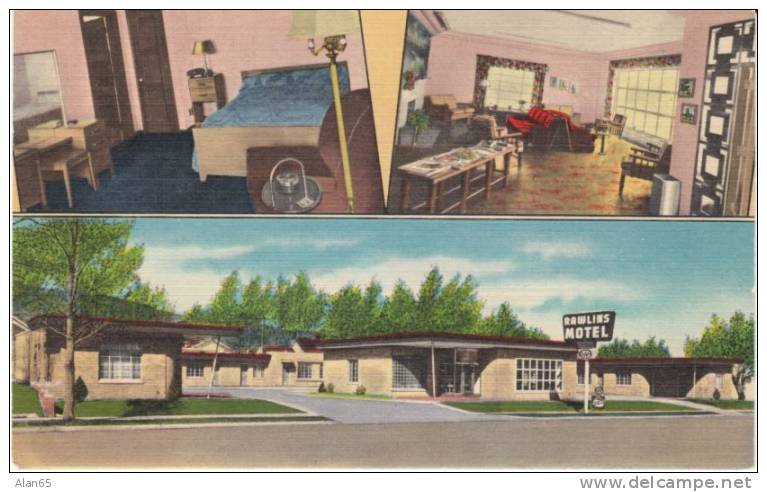 Rawlins WY Wyoming, Rawlins Motel Lodging, Great Interior Views Decor, C1940s/50s Vintage Linen Postcard - Other & Unclassified