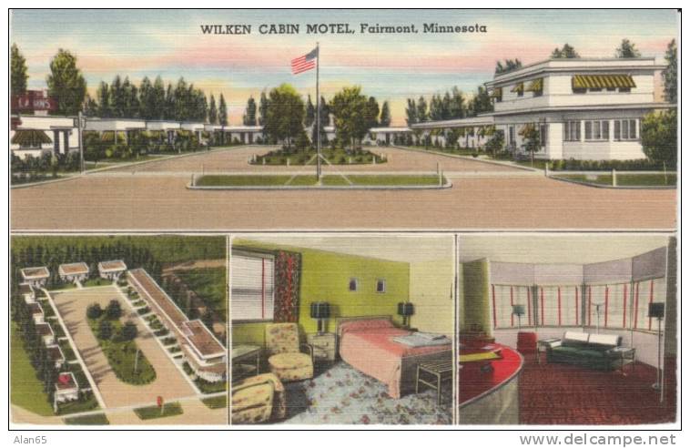 Fairmont MN Minnesota, Wilken Cabin Motel Lodging, Great Interior Views Decor, C1940s Vintage Linen Postcard - Andere & Zonder Classificatie