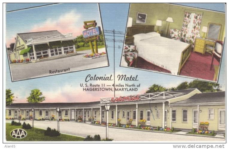 Hagerstown MD Maryland, Colonial Motel Lodging, Interior View Decor, C1940s Vintage Linen Postcard - Hagerstown