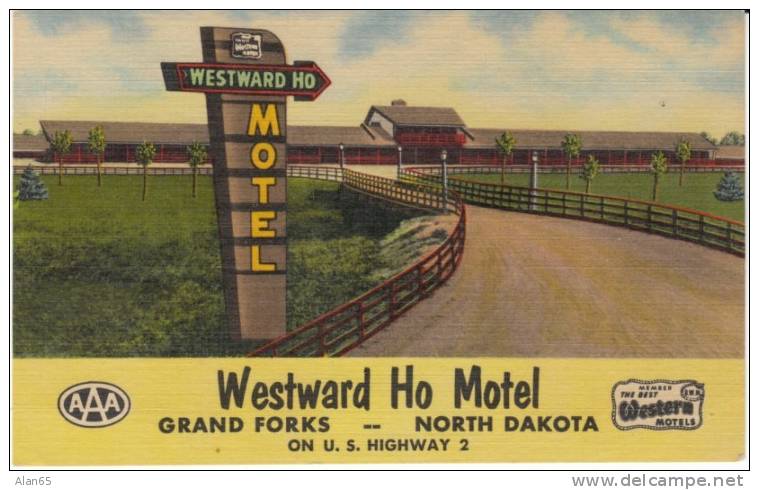 Grand Forks ND North Dakota, Westward Ho Motel Lodging, C1950s Vintage Curteich Linen Postcard - Grand Forks