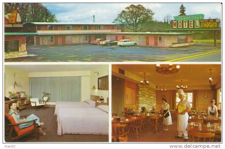 Eugene OR Oregon, Travel Inn Motel Lodging, Del's Pancake Restaurant, Autos, Interior Decor, C1950s Vintage Postcard - Eugene