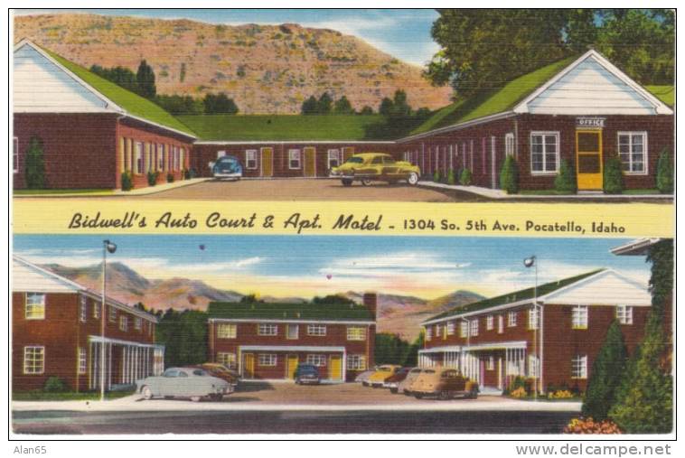 Pocatello ID Idaho, Bidwell's Auto Court &amp; Apartment Motel Lodging, Autos C1940s Vintage Linen Postcard - Pocatello