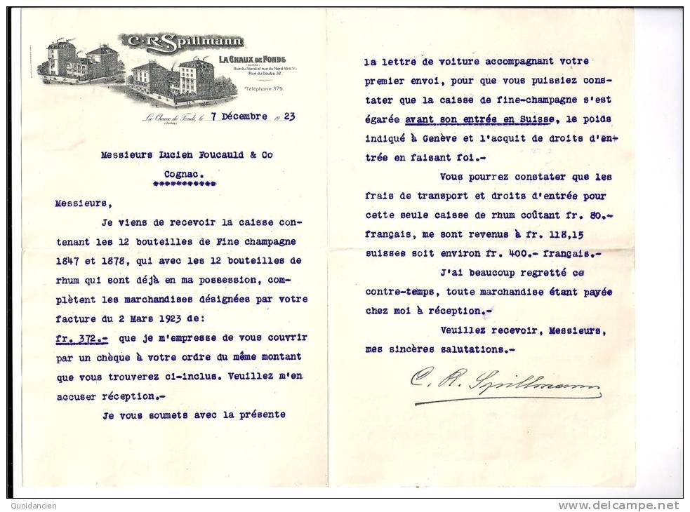 Entête  07/12/1923  - CHAUD  De FONDS  ( Suisse )  C.R.  SPILLMANN - Suiza