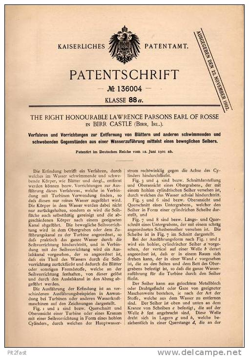 Original Patentschrift - Parsons Earl Of Rosse In Birr Castle , Irland , 1901 , Beseitigung Von Blättern Aus Wasser !!! - Offaly