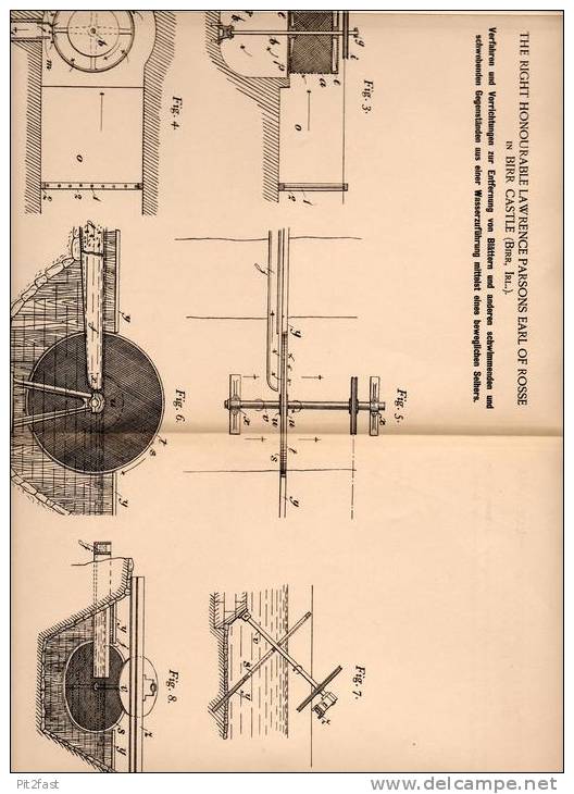 Original Patentschrift - Parsons Earl Of Rosse In Birr Castle , Irland , 1901 , Beseitigung Von Blättern Aus Wasser !!! - Offaly